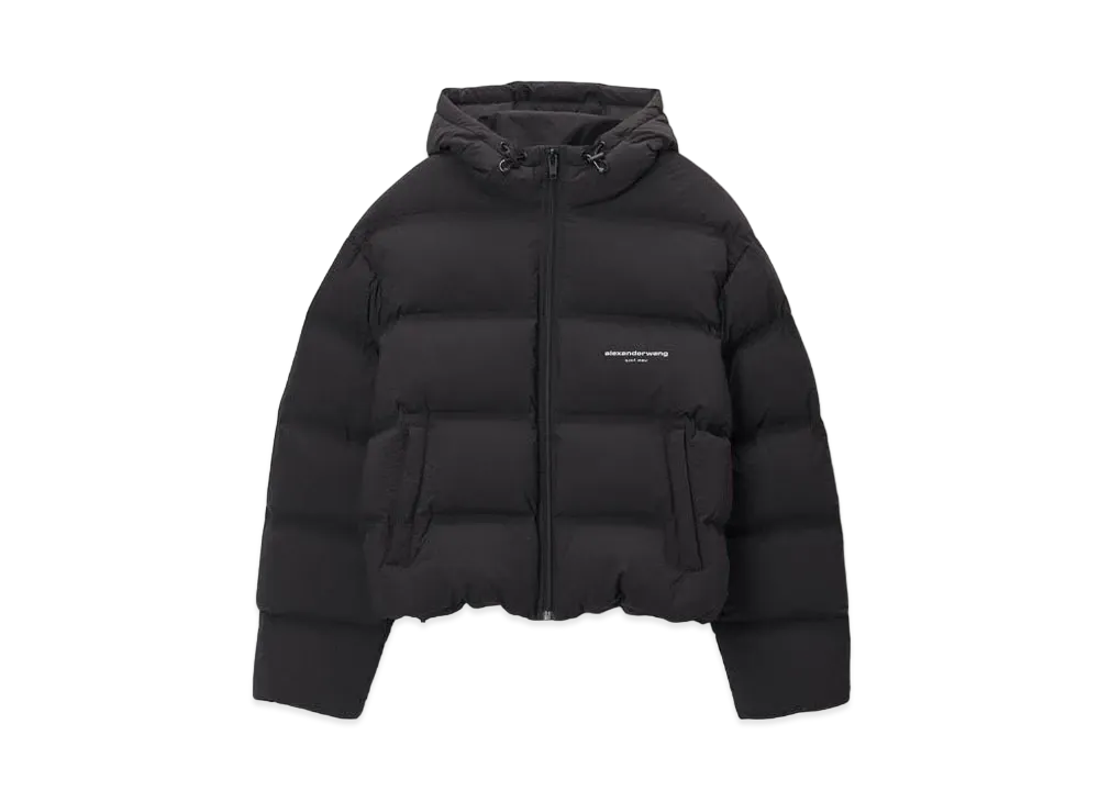 Alexander Wang Feather & Down Cropped Channel Hoodie "Black"