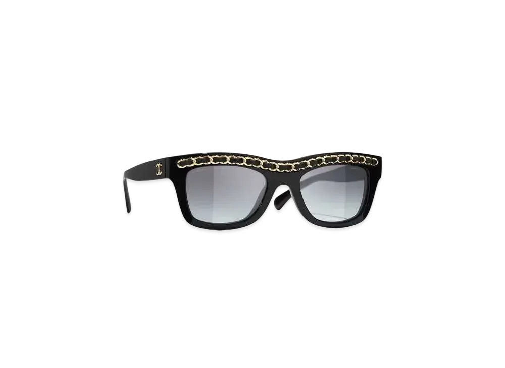 CHANEL Rectangle Sunglasses Acetate, Metal & Calfskin "Black/Gray"