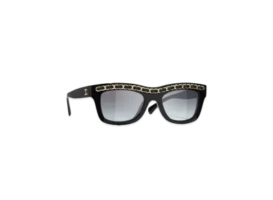 CHANEL Rectangle Sunglasses Acetate, Metal & Calfskin "Black/Gray"