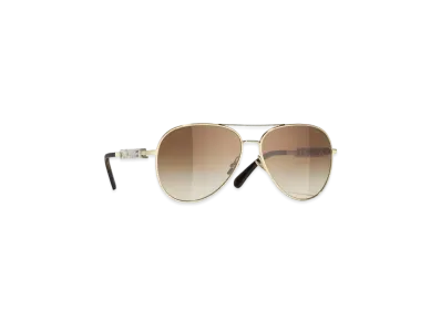 CHANEL Pilot Sunglasses Metal & Zirconia "Gold/Brown/Light Brown"