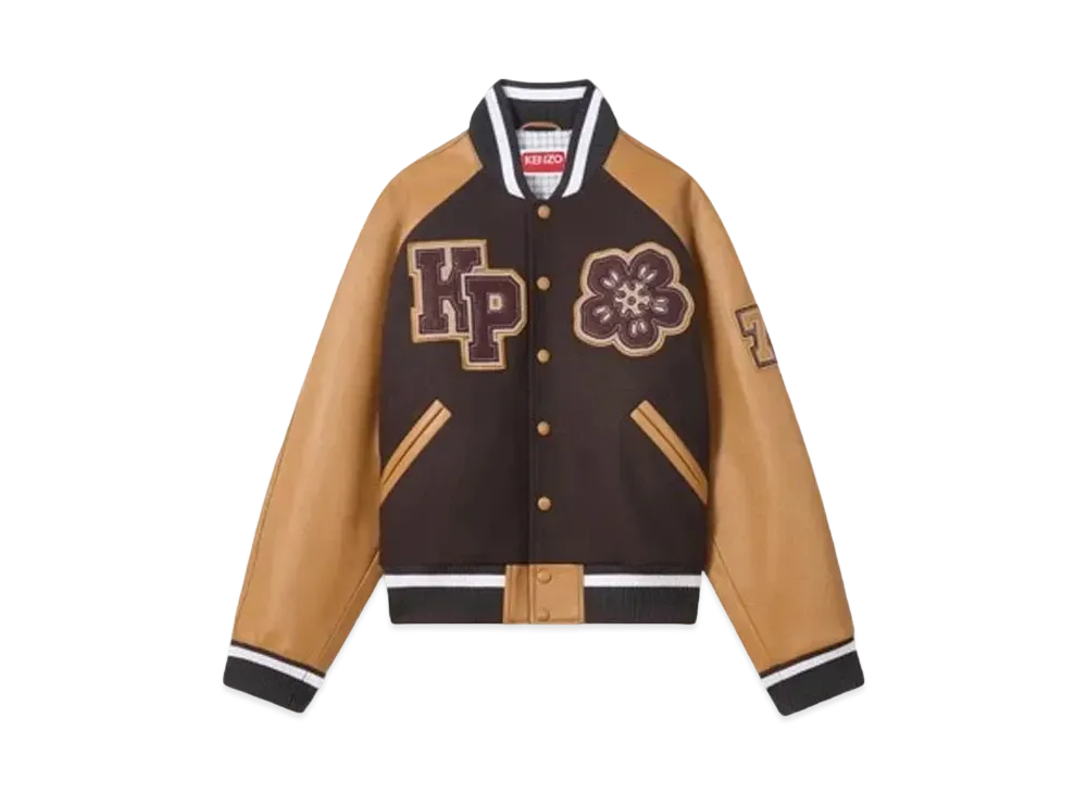 KENZO 'BOKE FLOWER' Varsity Jacket In Wool & Leather Unisex "Dark Brown"
