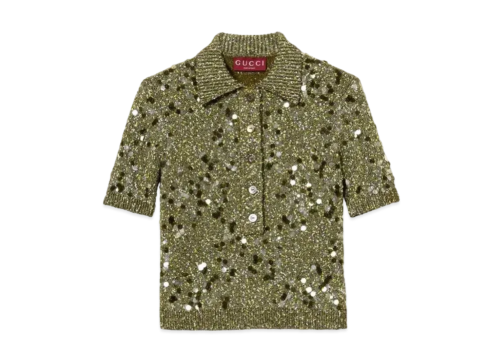 GUCCI Tweed Blend Polo Top "Dark Green"