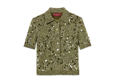 GUCCI Tweed Blend Polo Top "Dark Green"