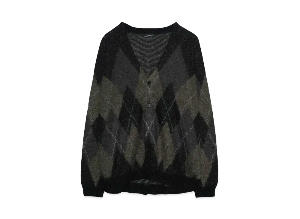 LAD MUSICIAN M/SHAGGY ARGYLE KNIT CARDIGAN "BLACK x DARK KHAKI"