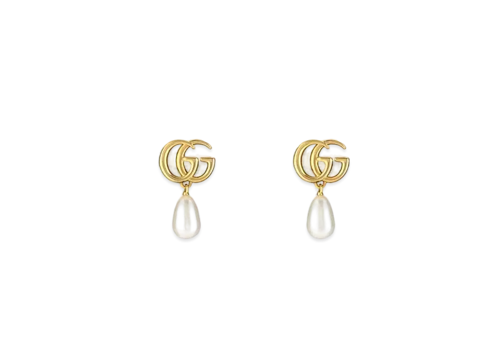 GUCCI GG Marmont Pearl Drop Earrings "Yellow Gold"