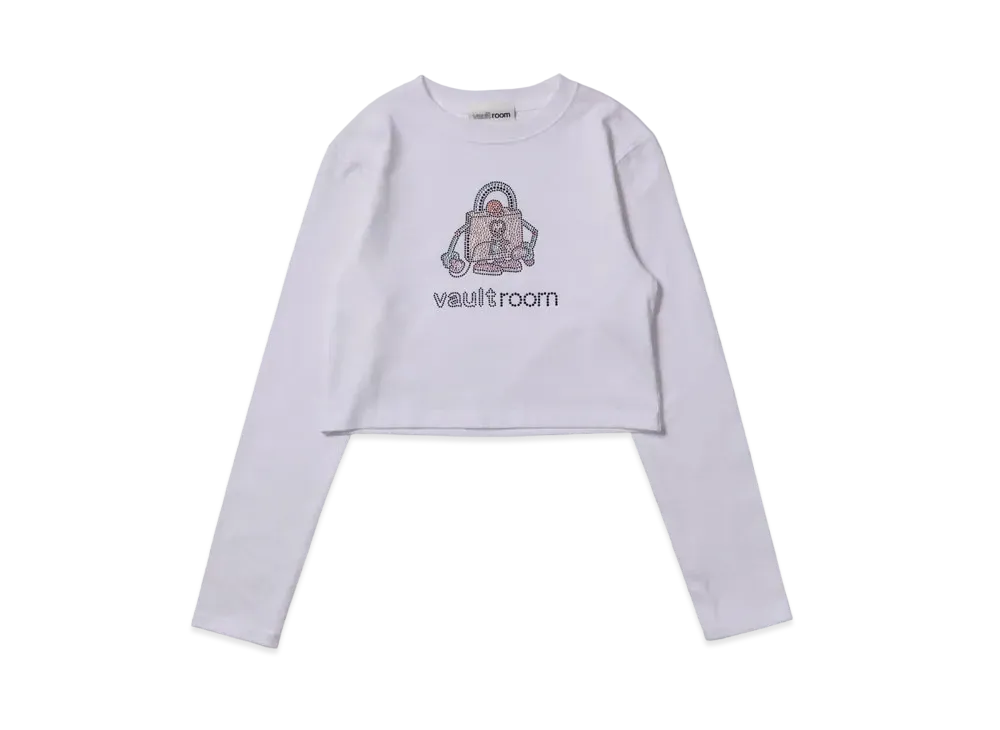 VAULTROOM Rhinestone Logo Cropped Long Sleeve T-Shirt "White"