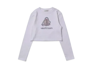 VAULTROOM Rhinestone Logo Cropped Long Sleeve T-Shirt "White"