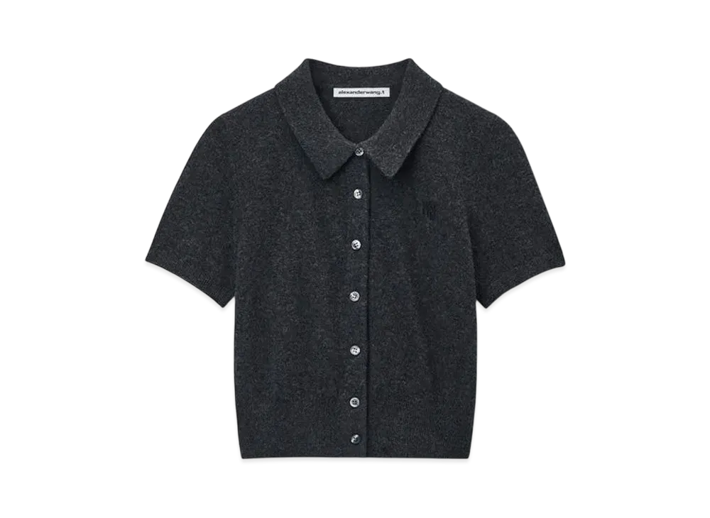 Alexander Wang Logo Embroidered Wool Polo Cardigan "Charcoal"