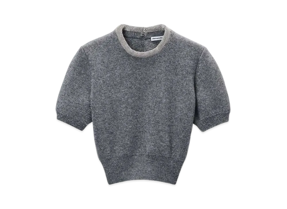 Alexander Wang Crystal Hotfix Trim Wool Blend Short Sleeve Tee "Charcoal"