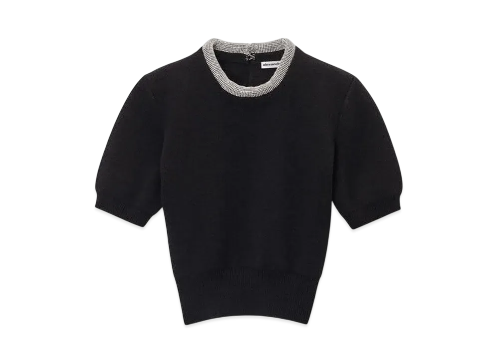 Alexander Wang Crystal Hotfix Trim Wool Blend Short Sleeve Tee "Black"