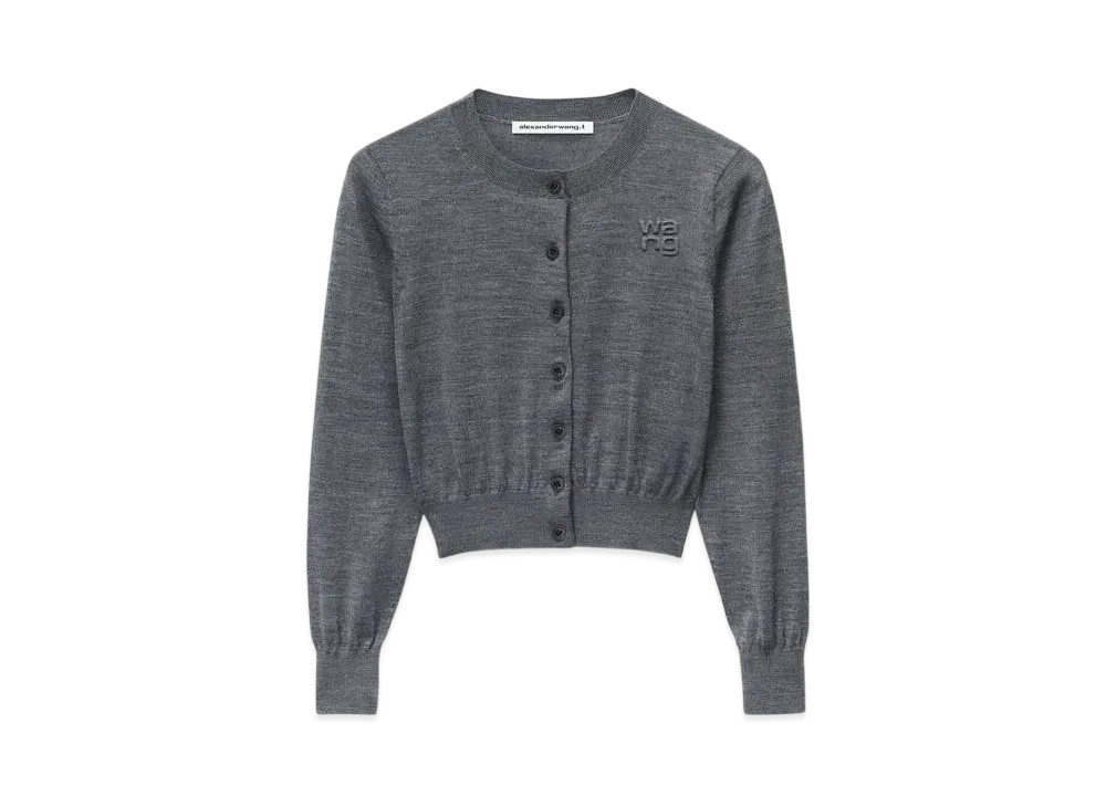 Alexander Wang Logo Cropped Superfine Merino Cardigan "Charcoal Melange"
