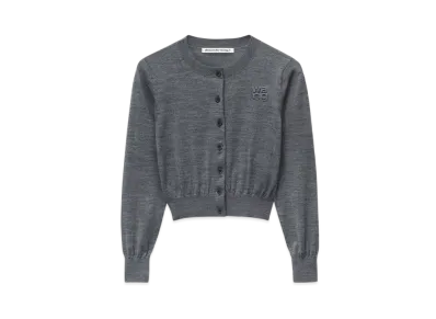 Alexander Wang Logo Cropped Superfine Merino Cardigan "Charcoal Melange"