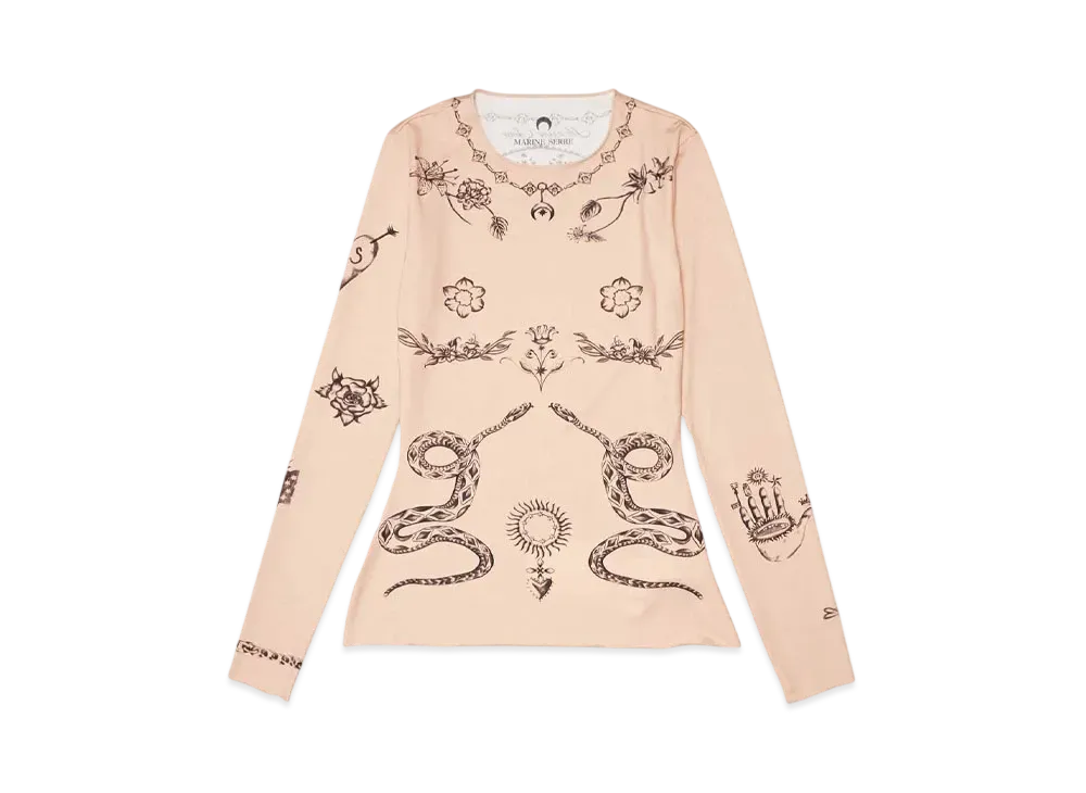Marine serre TATTOO PRINTED JERSEY SECOND SKIN CREWNECK TOP "LIGHT TAN"