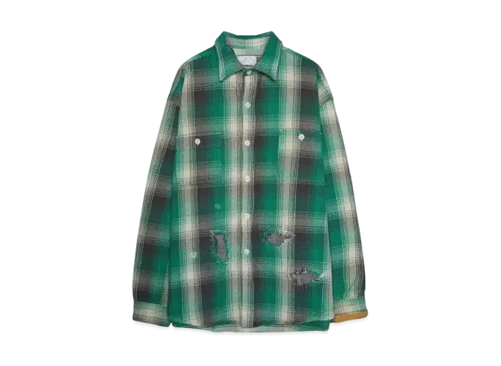 BOW WOW HEAVY WEIGHT FLANNEL SHIRTS AGING "GREEN x WHITE AGING"
