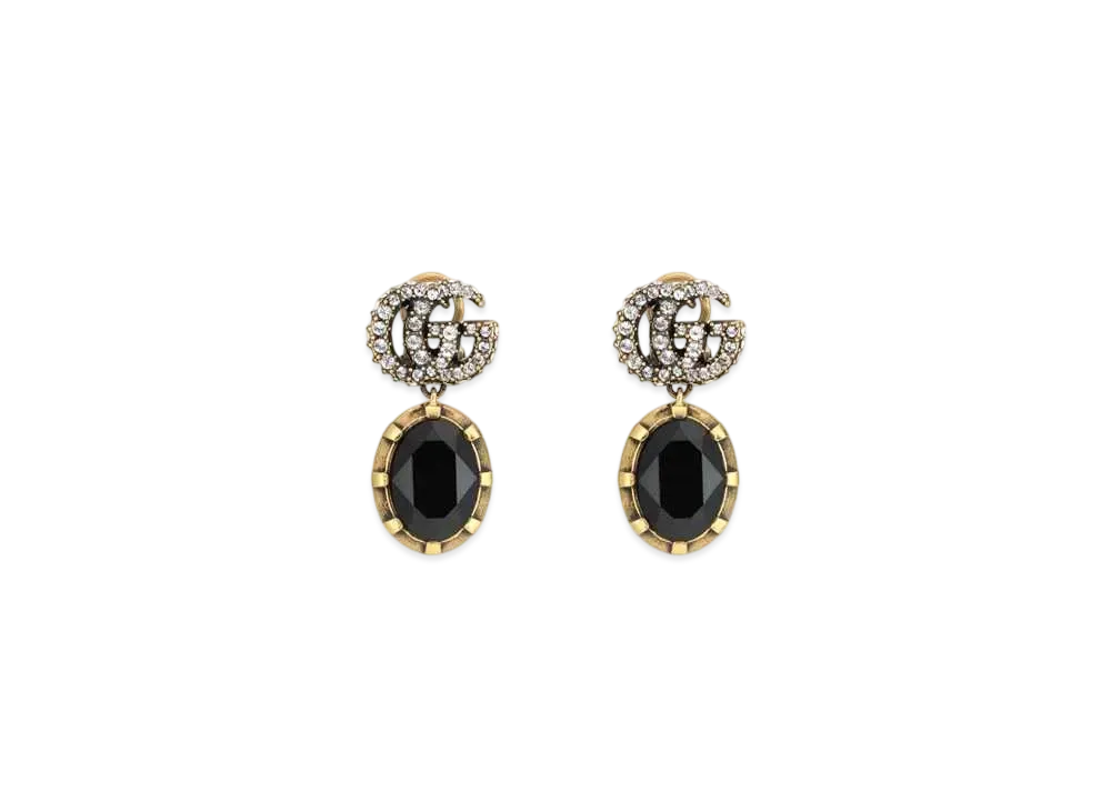 GUCCI Double G Earrings with Black Crystals "Aging Gold"