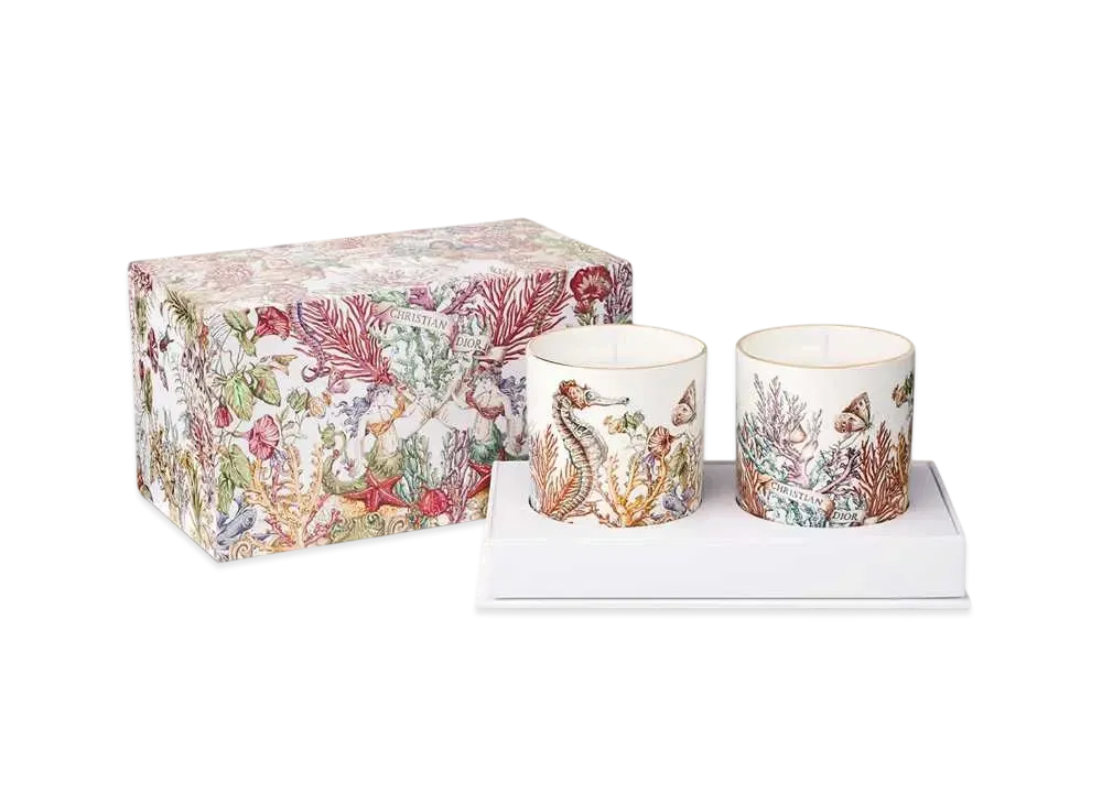 Dior Set of Two Scented Mini Candles Orange Cannelle and Griotte Gingembre White Limoges Porcelain with Dior Cabinet de la Mer Motif "Multicolor"