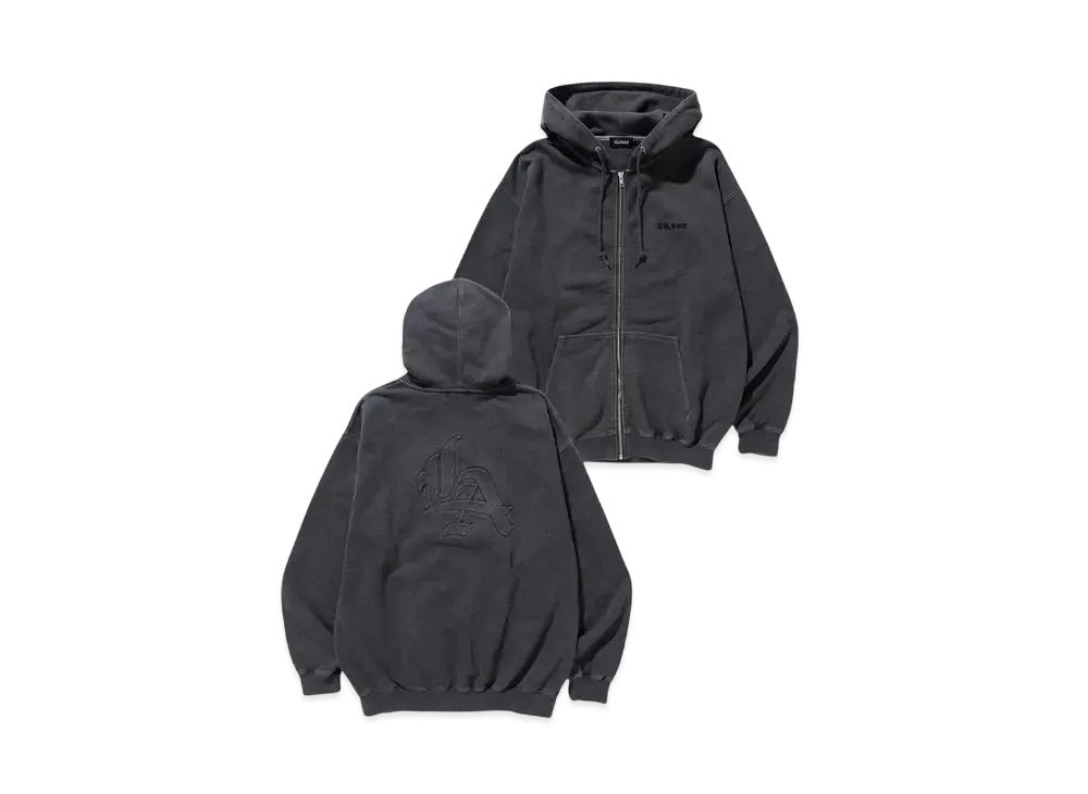 XLARGE PIGMENT DYED EMBOSS LOGO ZIP HOODED SWEAT "BLACK"