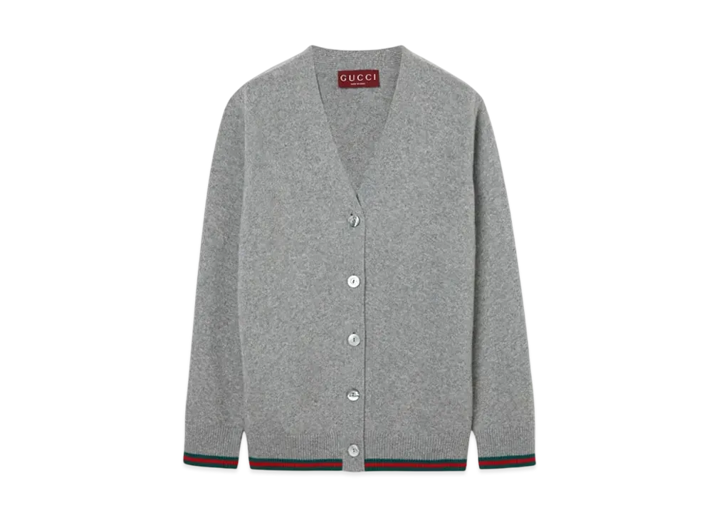 GUCCI Wool and Cashmere Cardigan With Web "Gray Melange"