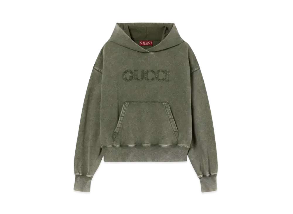 GUCCI Embroidered Cotton Jersey Hooded Sweatshirt "Dark Green"