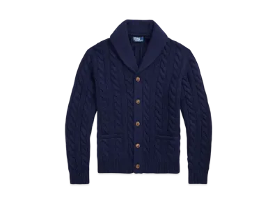 Polo Ralph Lauren Cable Knit Wool Cashmere Shawl Cardigan "Blue"