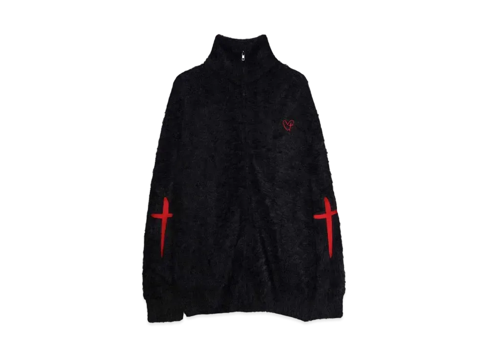 A GOOD BAD INFLUENCE HEART CROSS ZIPPED MOHAIR SWEATER "BLACK/RED"