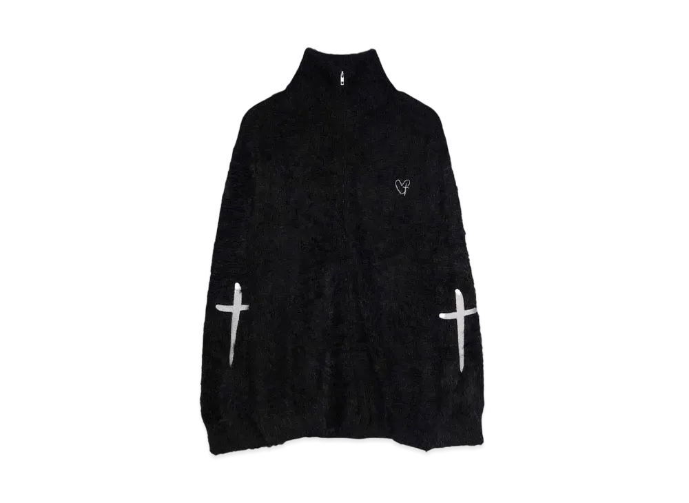 A GOOD BAD INFLUENCE HEART CROSS ZIPPED MOHAIR SWEATER "BLACK/GREY"