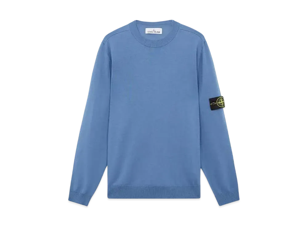 Stone Island Light Pure RWS Wool Crew Neck Sweater With Ribbed Detail "Abio Blue"
