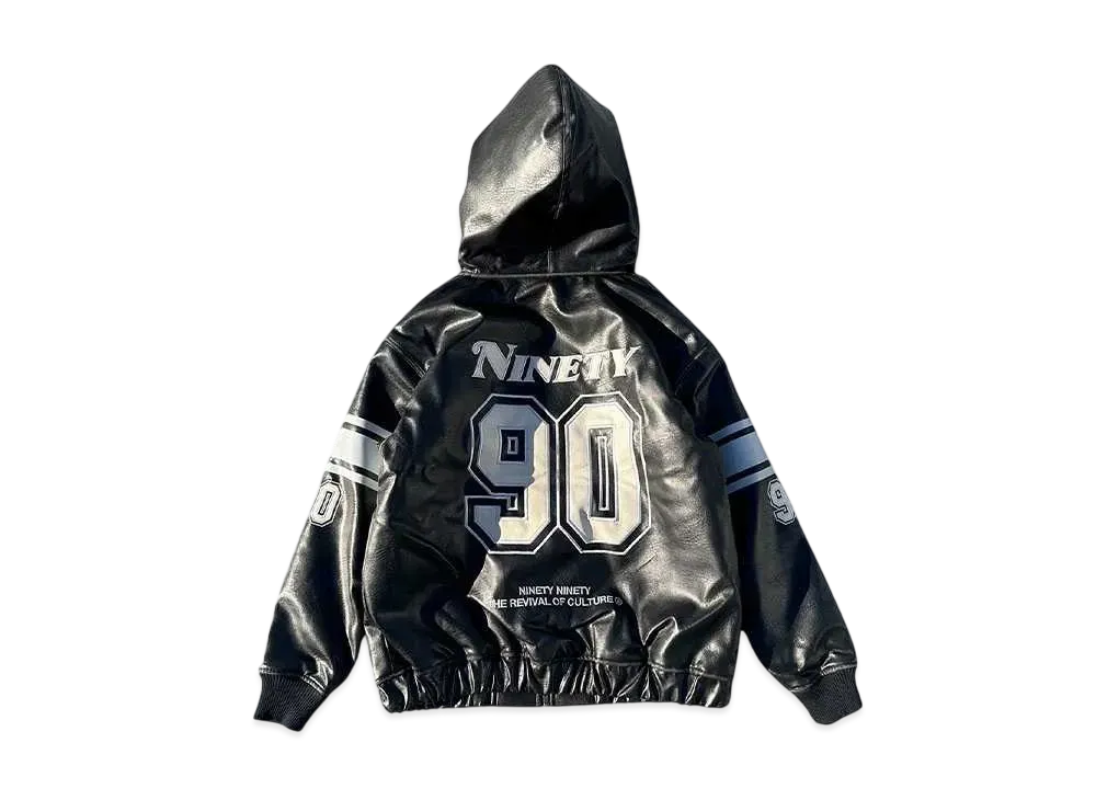 9090 Numbering Synthetic Leather Zip Hoodie "Black"