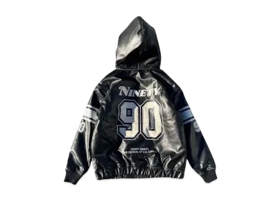9090 Numbering Synthetic Leather Zip Hoodie "Black"