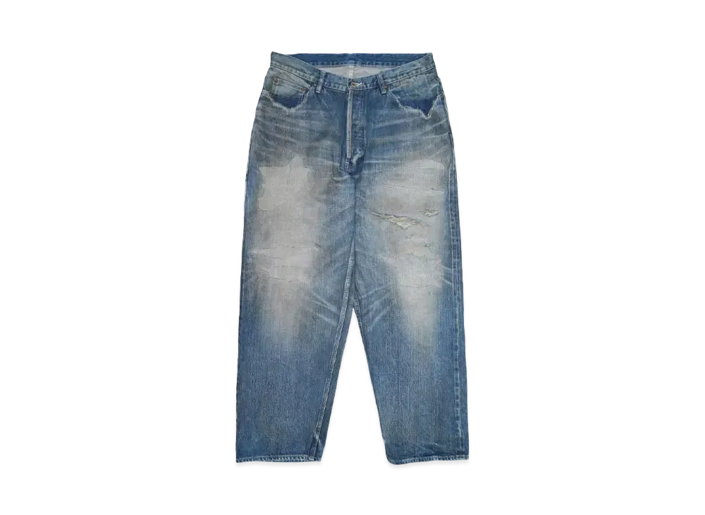 MADNESS HARD AGING DENIM PANTS. WIDE COMFY (DAMAGED AND REPAIRED FINISH) "INDIGO"