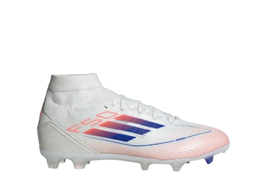 アディダス ウィメンズ F50 リーグ ミッドカット ファーム/マルチグラウンド スパイク "クラウドホワイト/ルシッドブルー/ソーラーレッド"