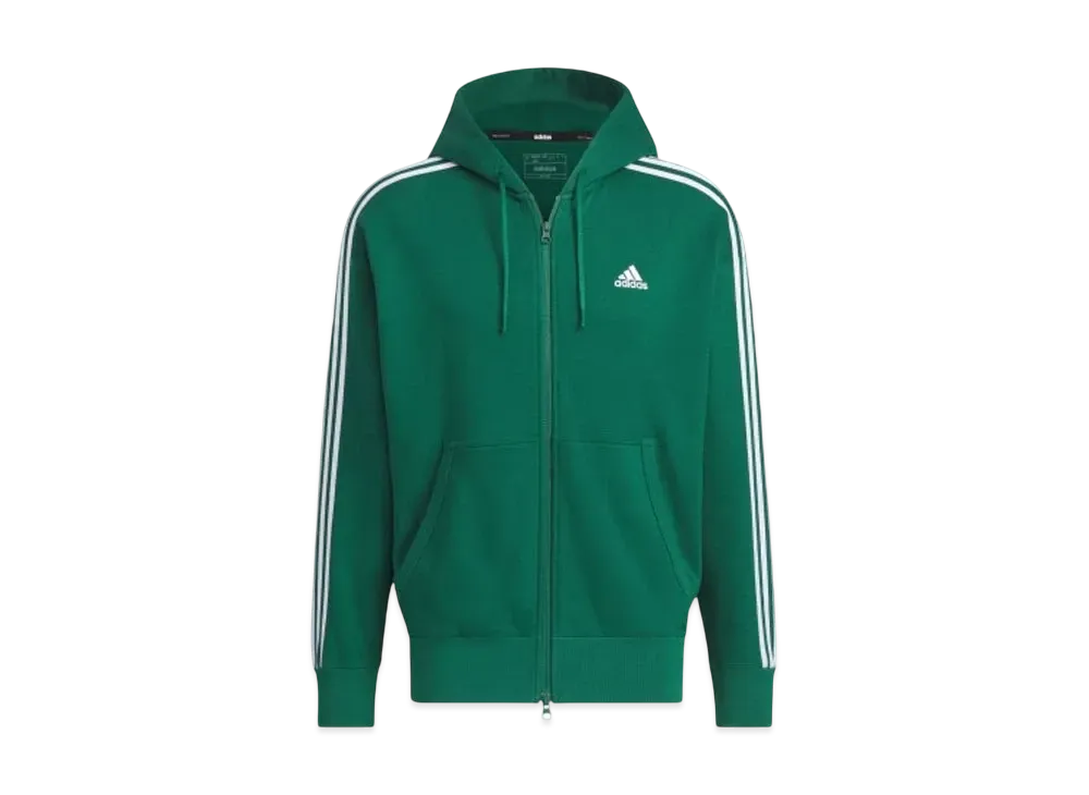adidas Essentials Plus Loose Fit Three Stripes French Terry Full Zip Parka "Collegiate Green"