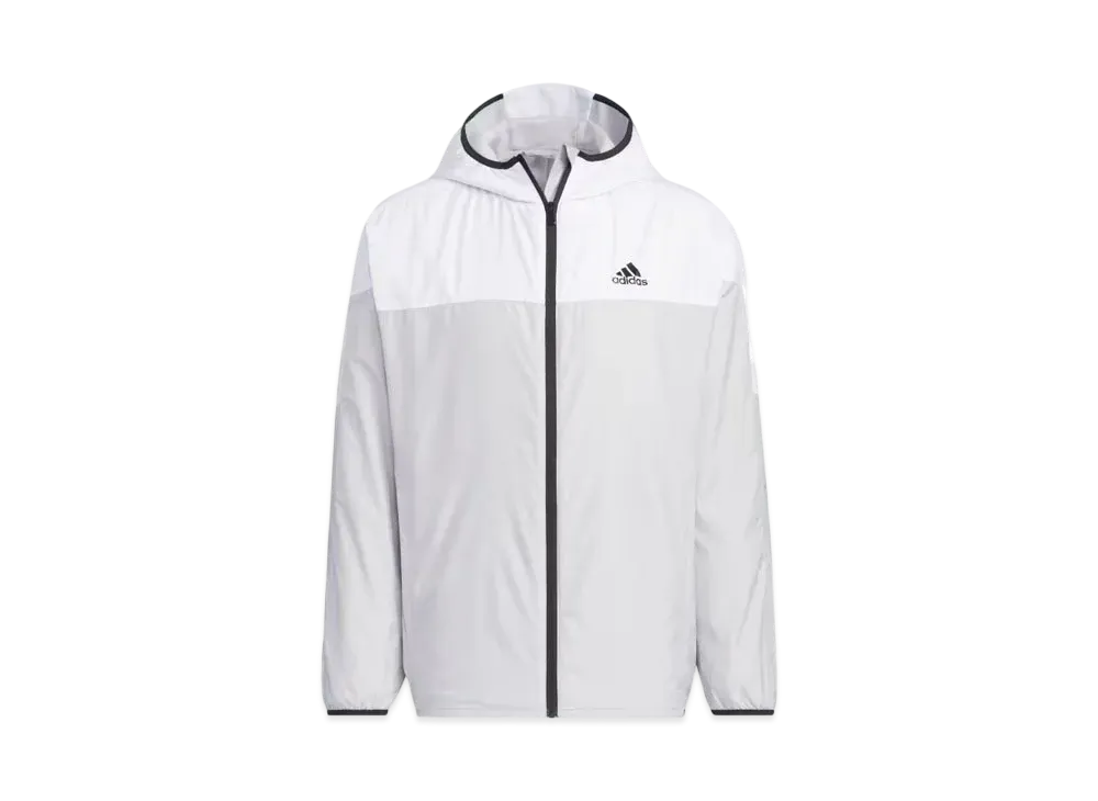 adidas Must Have Small Logo Regular Fit WIND. RDY Hooded Windbreaker Jacket "Light Solid Grey/White"