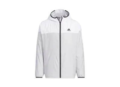 adidas Must Have Small Logo Regular Fit WIND. RDY Hooded Windbreaker Jacket "Light Solid Grey/White"