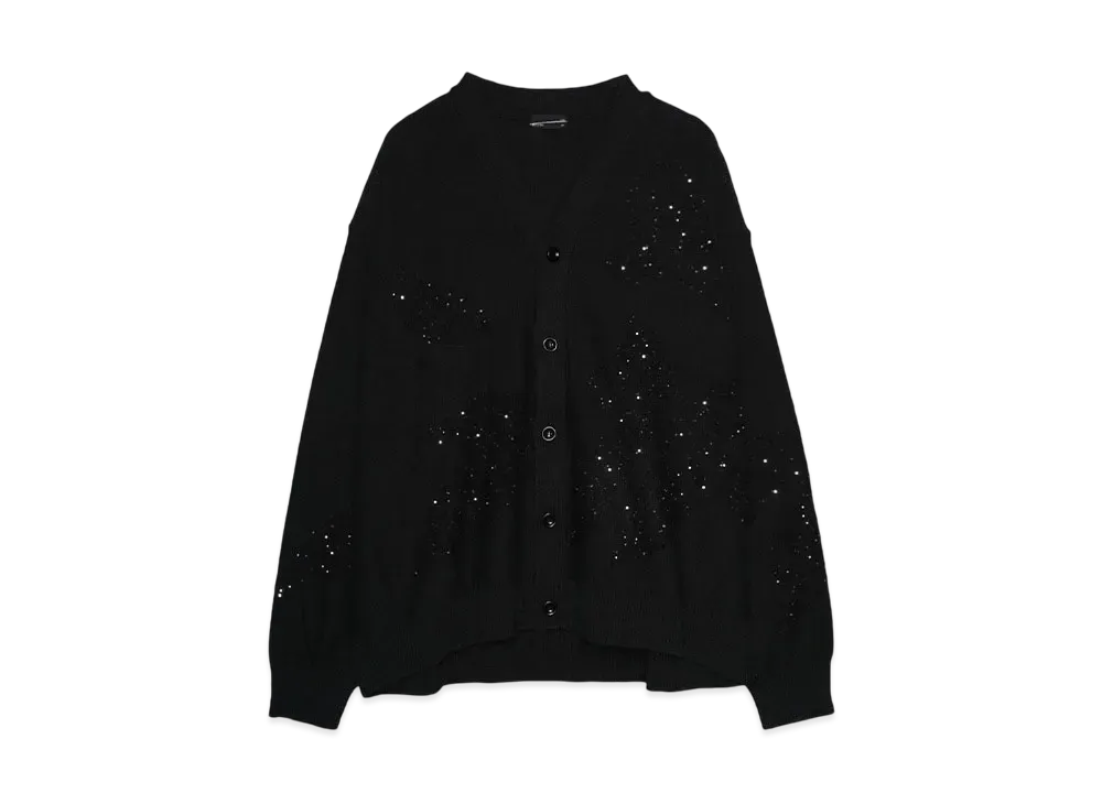 LAD MUSICIAN COTTON LINEN INTARSIA KNIT SEQUIN LEAF CARDIGAN "BLACK"