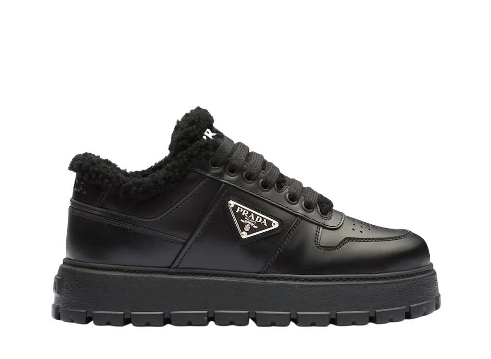PRADA Women's Leather and Shearling Sneakers "Black"