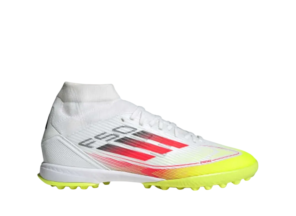adidas Women's F50 League Mid-Cut Turf "Cloud White/Lucid Red/Solar Yellow"