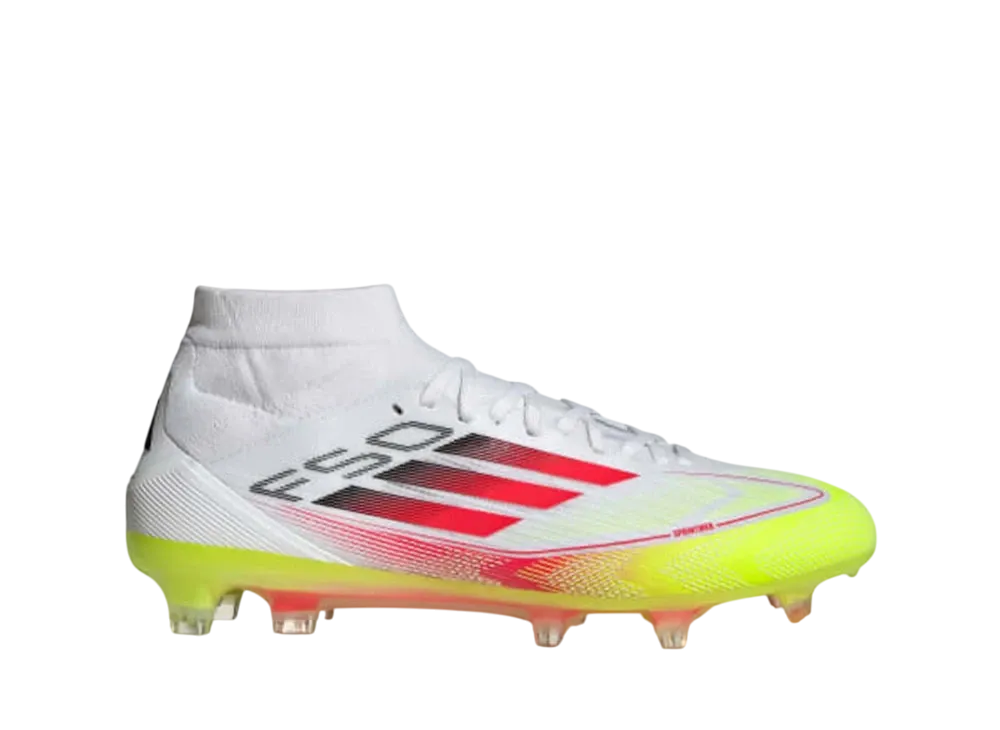 adidas Women's F50 Pro Mid-Cut FG Cleats "Cloud White/Lucid Red/Solar Yellow"