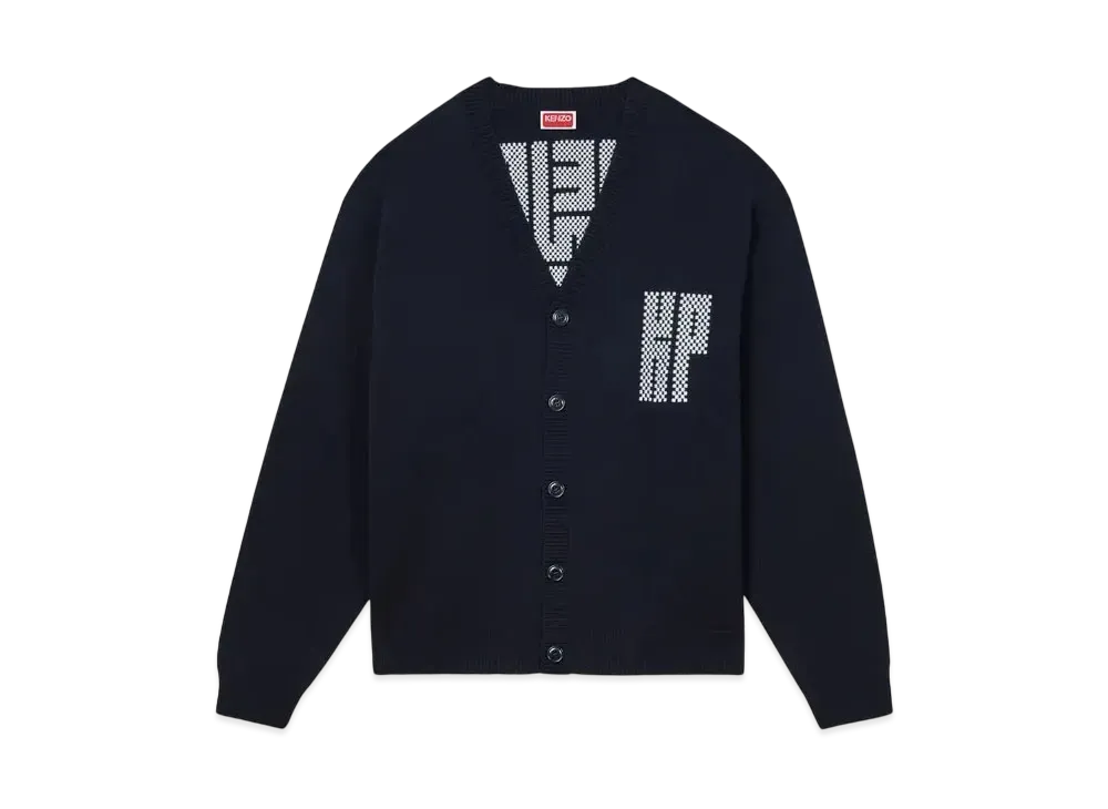 KENZO 'Kamon' Embroidery Cardigan in Wool & Cotton "Blue Black"