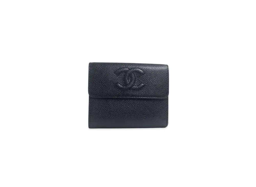 CHANEL Caviar Skin Coco Mark Compact Trifold Wallet "Black"