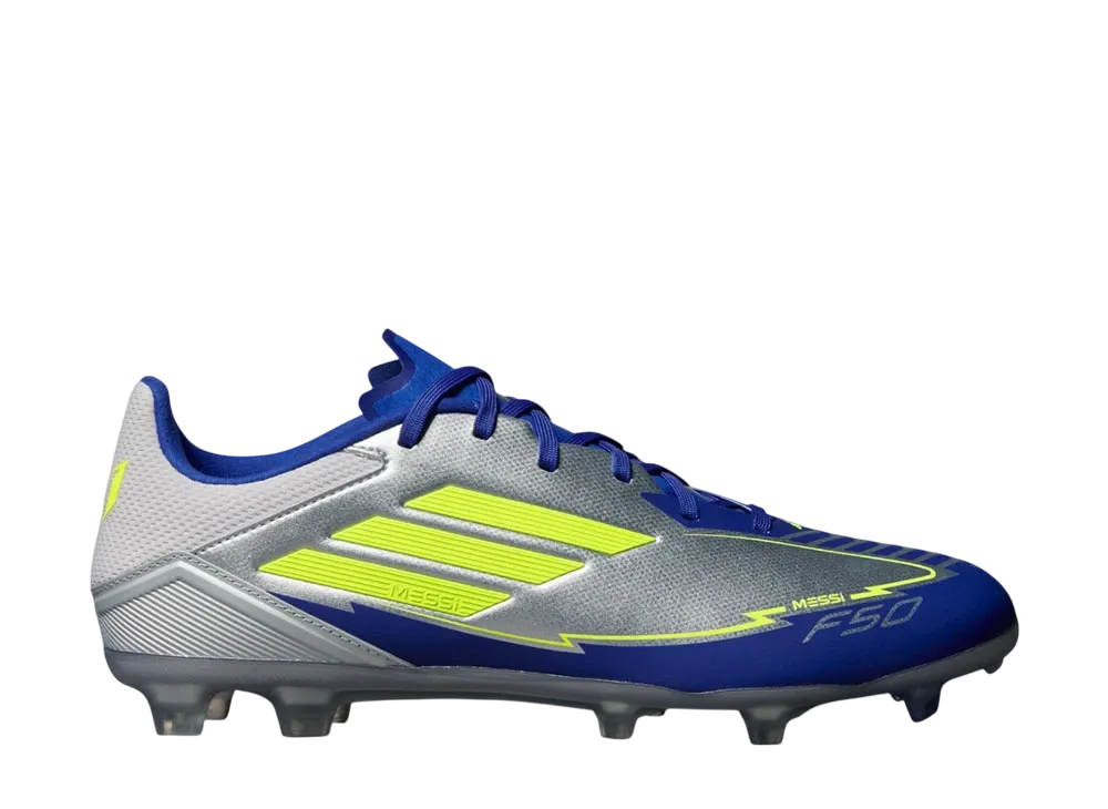 adidas F50 League Messi Firm/Multi-Ground Cleats "Silver Metallic/Solar Yellow/Lucid Blue"