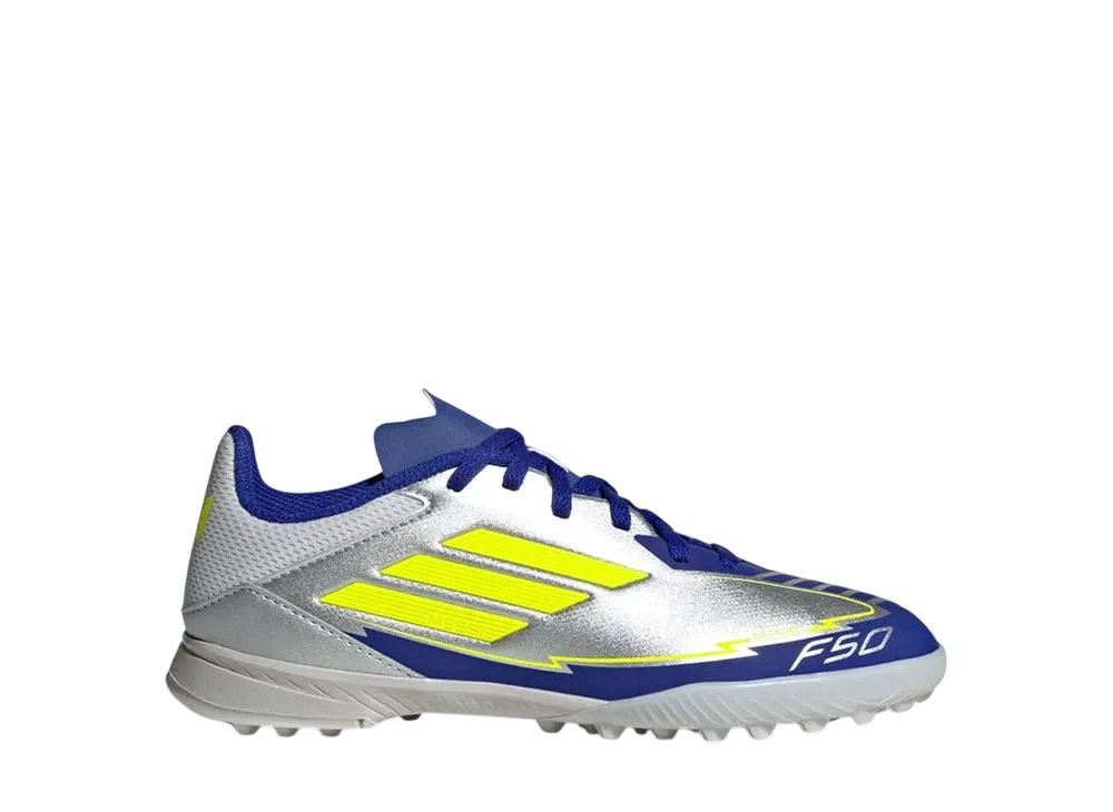 adidas GS F50 League Messi TF "Silver Metallic/Solar Yellow/Lucid Blue"