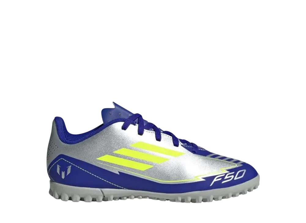 adidas GS F50 Club Messi TF "Silver Metallic/Solar Yellow/Lucid Blue"