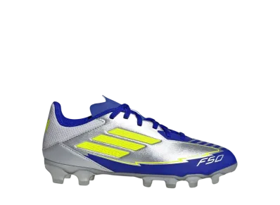 adidas GS F50 League Messi HG/AG "Silver Metallic/Solar Yellow/Lucid Blue"