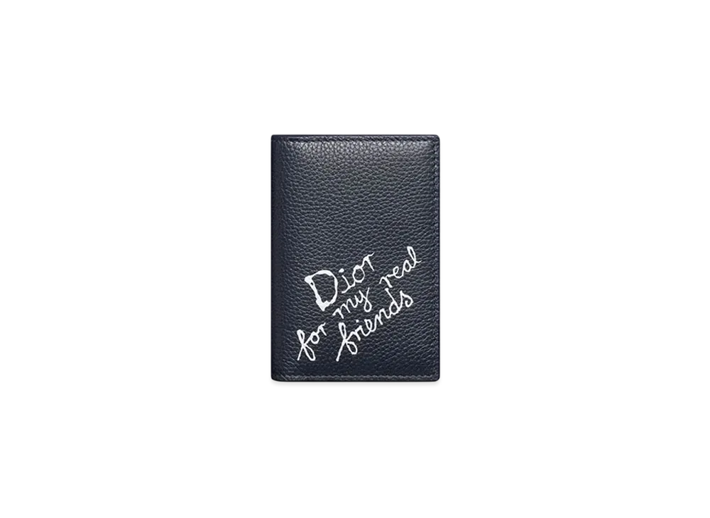 Dior and Hylton Nel Vertical Bifold Card Holder Grained Calfskin with Print "Navy Blue/White"