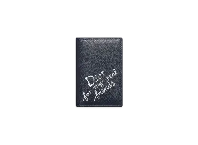 Dior and Hylton Nel Vertical Bifold Card Holder Grained Calfskin with Print "Navy Blue/White"