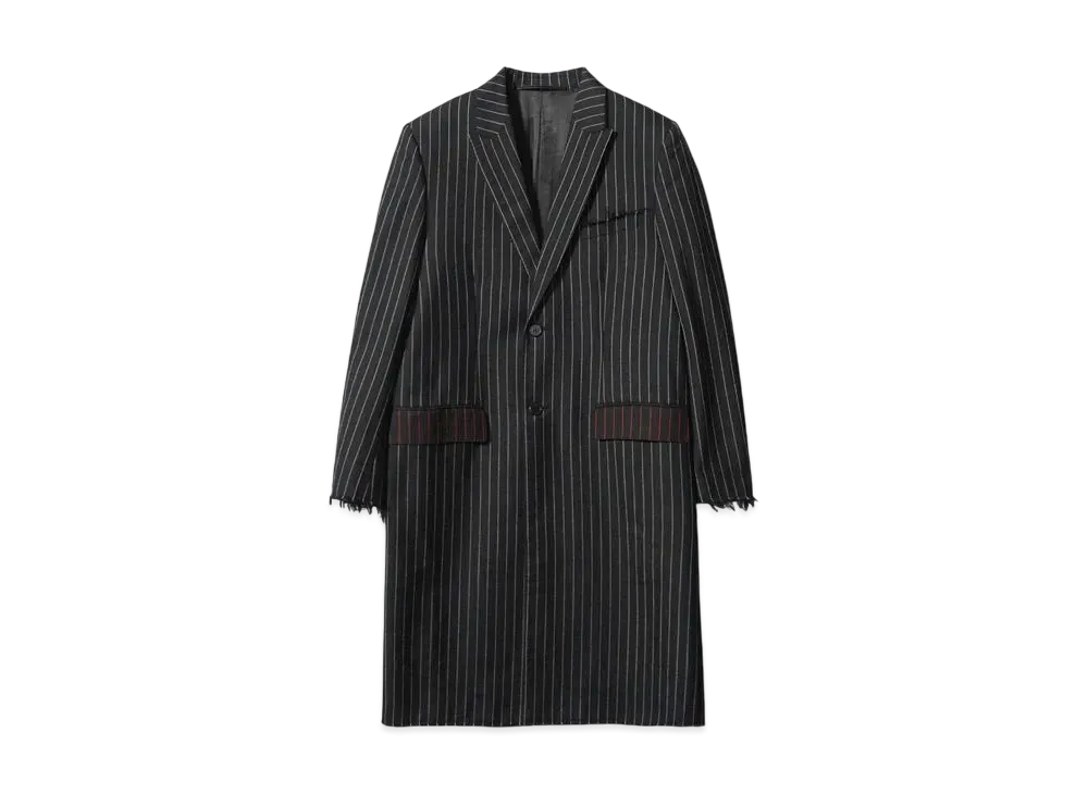 GIVENCHY Pinstripe Pattern Distressed Fringe Chester Coat "BLACK"