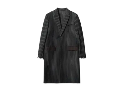 GIVENCHY Pinstripe Pattern Distressed Fringe Chester Coat "BLACK"