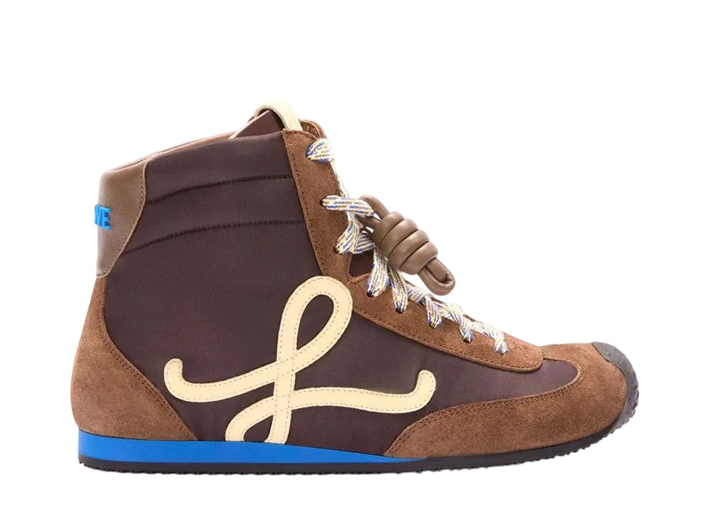 ロエベ ウィメンズ バレエランナー 2.0 ハイトップ ナイロン&カーフ "ブラウン/イエロー/ブルー"