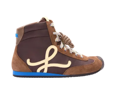 LOEWE Women's Ballet Runner 2.0 High Top in Nylon and Calfskin "Brown/Yellow/Blue"